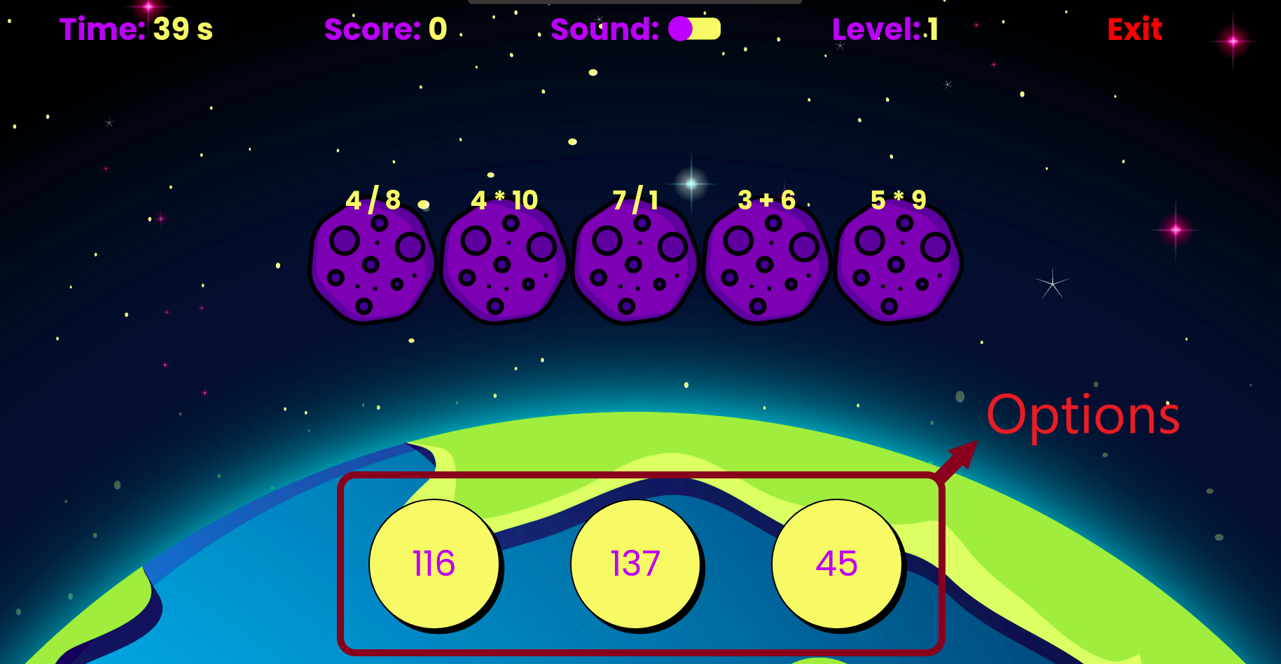 AstroMath game controls and gameplay interface showing asteroid math problems and answer options
